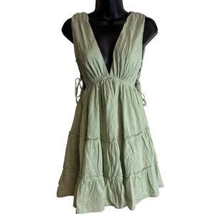 Mahina Sage Green Swiss Dot Babydoll Mini Dress Boho Tiered Open Back Small
